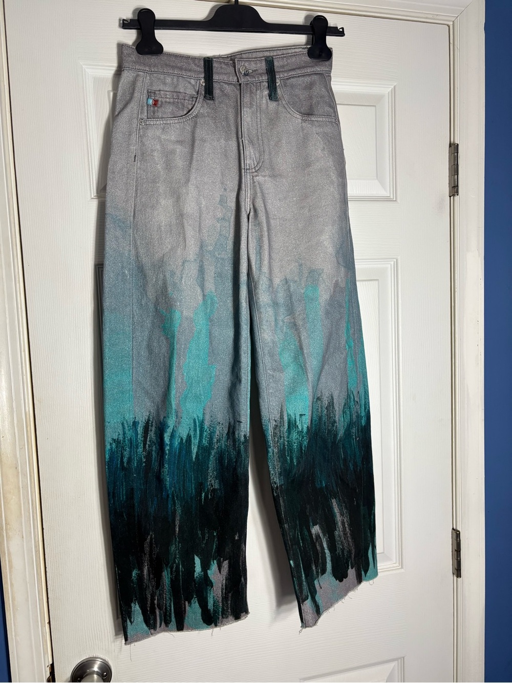 Ag Adriano Goldschmied Gray Jeans with Teal and Black Painted Ombre